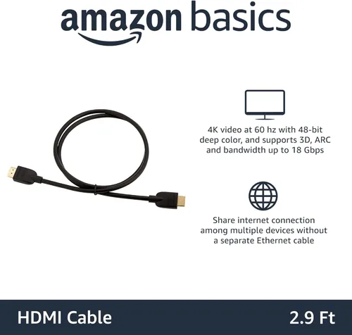 Vista 31 de Amazon Basics Cable HDMI, 3 pies, 4K@60Hz, cable HDMI 2.0 4K de alta velocidad (18 Gbps), 2160p, 48 bits, compatible con TV/PS5/Xbox/Roku, negro