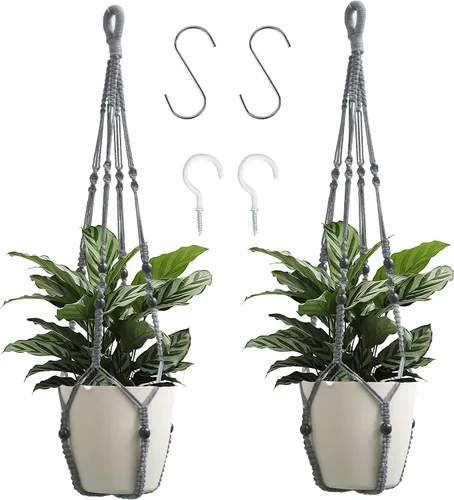 Vista 11 de Colgador de macramé para colgar plantas de interior con cuentas de madera, macetas de macramé sin borlas, para interiores y exteriores, decoración