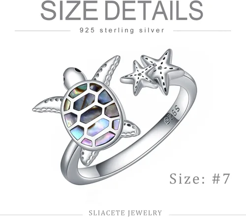 Vista 5 de SLIACETE Anillo de tortuga con estrella de mar de plata de ley 925 con anillo de tortuga para mujeres, talla 7, no conocido