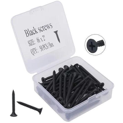 Tornillos para madera #6 x 2, 50 unidades, tornillos Phillips planos negros, tornillos de madera autorroscantes, acero al carbono, tornillos