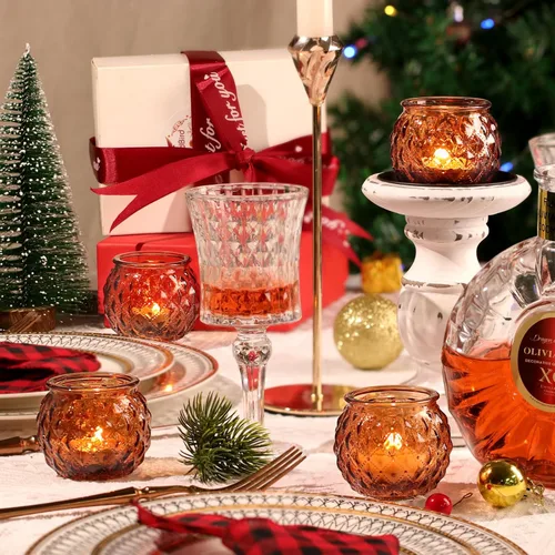 Vista 8 de DARJEN Juego de 24 portavelas votivas ámbar – Portavelas redondos de cristal para centro de mesa, velas de té para el hogar y decoraciones de boda
