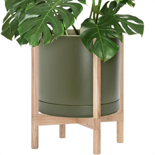 Vista 61 de D'vine Dev Maceta de cerámica con soporte de ébano – Maceta redonda moderna de 8 pulgadas con soporte para maceta de madera, color negro, 55-B-M-2