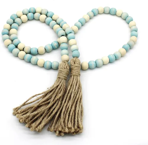 Vista 14 de CVHOMEDECO. Guirnalda de cuentas de madera con borlas, estilo rústico de granja, cadena de cuentas de oración para colgar en la pared, acento