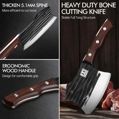 Vista 6 de ENOKING Cuchillo de carnicero de 5.7 pulgadas, cuchillo forjado a mano resistente para huesos con mango de madera, cuchillo de carnicero de espiga