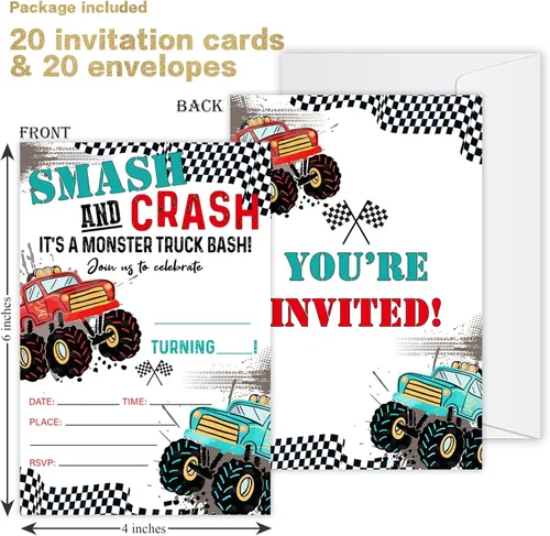 Vista 2 de 20 invitaciones de fiesta de cumpleaños de Monster Truck con sobres, invitación de fiesta de aplastamiento y choque, tarjetas de invitación