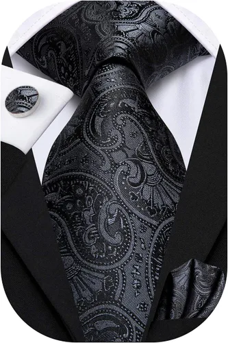 Hi-Tie Conjunto de corbata para hombre de 63 pulgadas extra larga con estampado paisley, pañuelo de bolsillo y gemelos para hombres altos y grandes