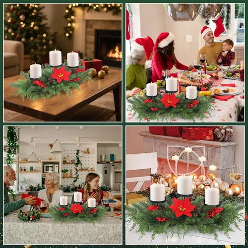 Vista 7 de Candelabro de corona de Adviento de Navidad para decoración de centro de mesa, arreglos de Navidad con 3 portavelas, bayas rojas piñas, mesa