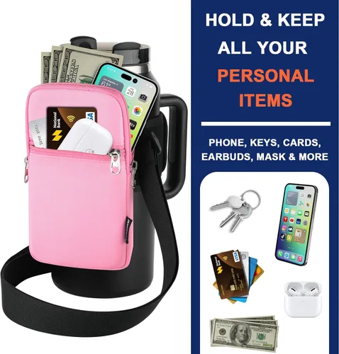 Vista 4 de Bolsa para botella de agua de gimnasio para vaso Stanley con asa, funda universal para botella de agua con correa y bolsillo, se adapta a una