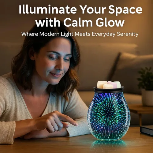 Vista 6 de Leyoue - Calentador eléctrico de cera con forma de fuegos artificiales 3D de vidrio con placa de calentamiento PTC, bandeja reutilizable