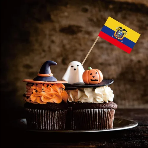 Vista 3 de Bandera ecuatoriana de palillo de dientes Ecuadoreño pequeño para cupcakes de frutas, decoración de palitos de alimentos, paquete de 100