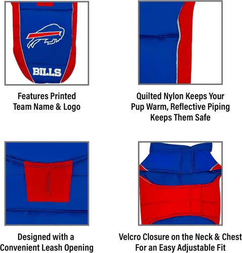 Vista 4 de NFL Buffalo Bills Chaleco acolchado para perros y gatos, talla S. Abrigo cálido, acogedor e impermeable, para perros y gatos pequeños y grandes. La