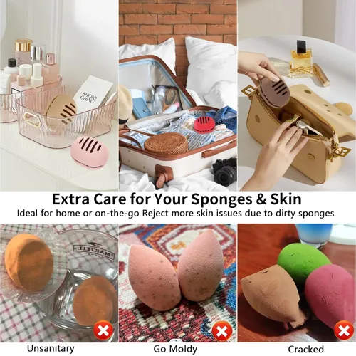 Vista 3 de 2 soportes para esponja de maquillaje, doble cara de silicona transpirable para viajes o uso diario, estuche de viaje de maquillaje inastillable