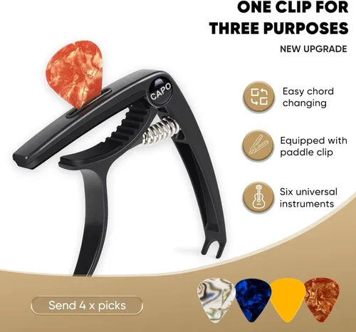 Vista 2 de AARVI Cejilla de guitarra de 6 cuerdas para guitarras acústicas y eléctricas, abrazadera universal con 4 púas de alta calidad, compatible con Negro