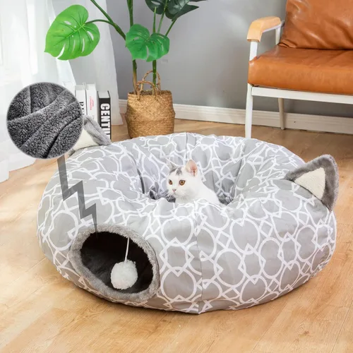 LUCKITTY - Cama de túnel geométrico para gatos bajo el árbol de Navidad Oxford para exteriores con interior de felpa, túnel colapsable con bolas,