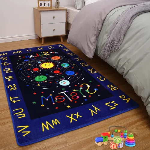COZYLOOM Alfombra educativa con sistema solar para niños, diseño de galaxia, espacio exterior, para sala de juegos, planeta, antideslizante Azul