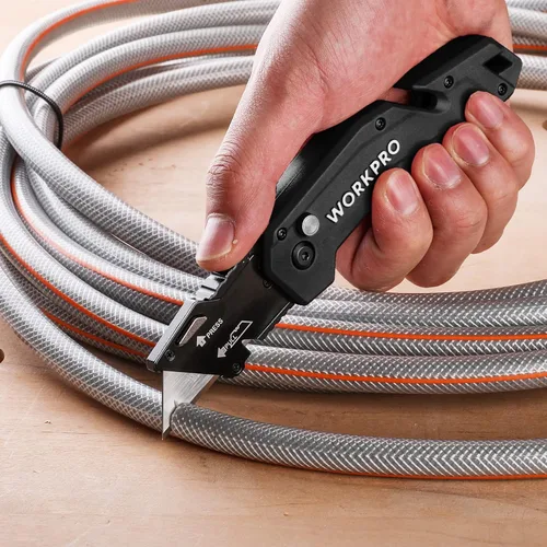 Vista 5 de WORKPRO Cuchillo utilitario plegable, cortador de caja con clip para cinturón, hoja de cambio rápido, mango ligero de nylon, pelacables y gancho