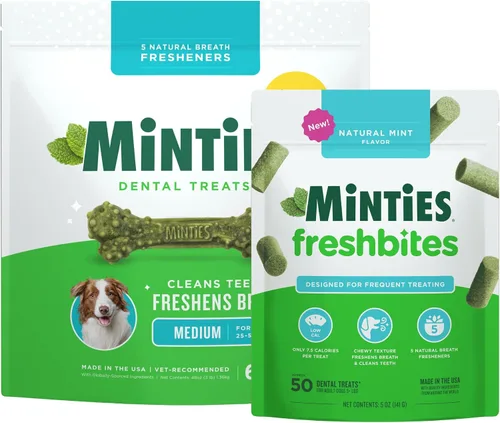 Minties Golosinas masticables dentales para perros, 60 unidades + Minties FreshBites Golosinas dentales suaves y masticables para perros, 50 unidades