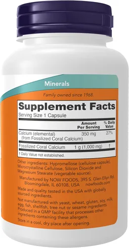 Vista 2 de NOW Suplementos, Calcio Coral 1,000 mg, Salud ósea*, Balance de pH saludable*, 100 cápsulas vegetales