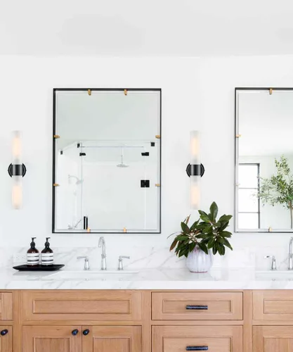 Vista 2 de DAYCENT Modernas luces negras para tocador de baño, aplique de pared de vidrio esmerilado de 2 luces, apliques cilíndricos negros mate, iluminación