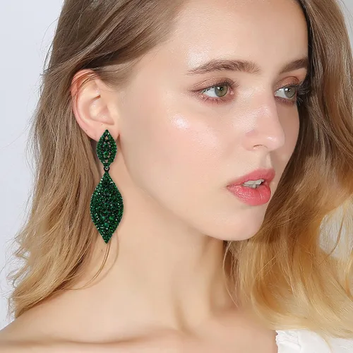 Vista 7 de Flyonce - Aretes caídos de diamantes de imitación y diseño de 2 hojas para novia