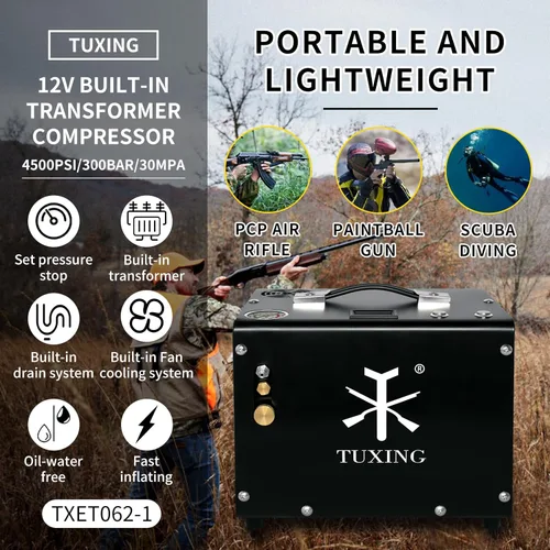 Vista 8 de TUXING Compresor de aire PCP 4500psi, bomba de compresor de aire de alta presión para paintball/tanque de buceo 110V/12V (transformador incorporado)