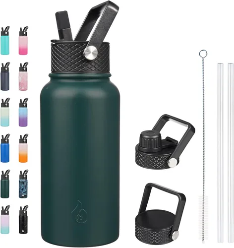 Vista 88 de BJPKPK - Botellas de agua aisladas con tapa de popote, botella de agua de acero inoxidable de 27 onzas con 3 tapas, termo de metal libre de BPA a