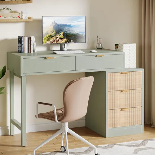 Vista 3 de Tribesigns Escritorio de computadora con 5 cajones, escritorio pequeño reversible para escribir con almacenamiento, mesa de estudio de madera