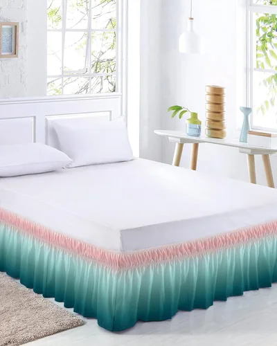 Vista 8 de Falda de cama turquesa degradada, tamaño Queen de 16 pulgadas de caída, ajustable y elástica, faldas de cama plisadas de lujo con volantes para cama