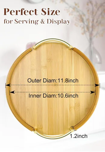 Vista 2 de JUPELI Bandeja redonda de bambú de 11.8 pulgadas con asas, bandeja decorativa, bandeja de desayuno, bandeja de mesa auxiliar, bandeja otomana, plato