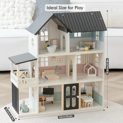 Vista 5 de Casa de muñecas de madera para niños, juego de casa de muñecas de juguete de estilo moderno de 6 habitaciones
