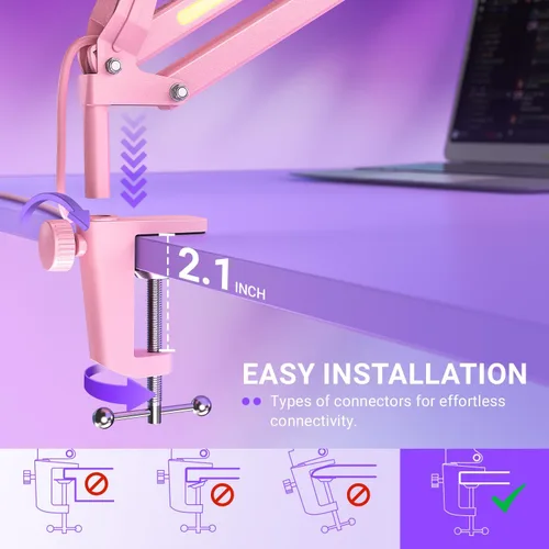 Vista 7 de FIFINE Brazo de brazo de micrófono, soporte de brazo de micrófono ajustable de metal con botón RGB, adaptador de tornillo de 3/8 a 5/8 pulgadas, Rosa