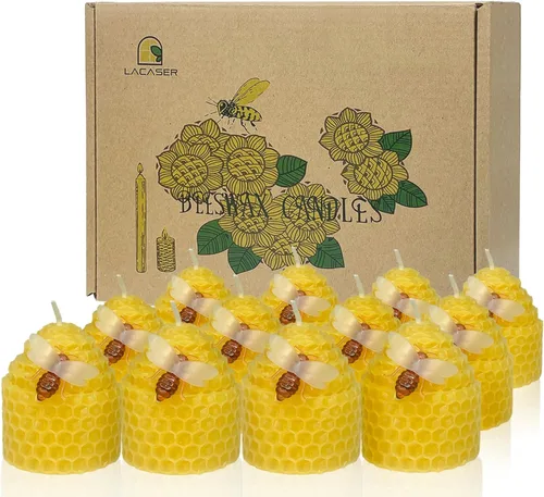 Lacaser Velas de cera de abeja, juego de 12, velas de abeja con pequeños adornos de abejas, regalo con tema de abejas, sin aroma, sin humo y sin