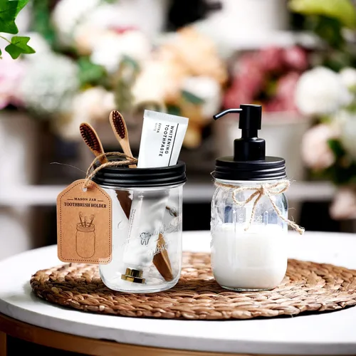 Vista 4 de Amolliar Mason Jar - Soporte para cepillos de dientes, acero inoxidable a prueba de óxido, capacidad para 2 cepillos de dientes y pasta de dientes