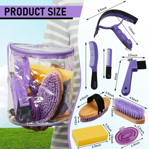 Vista 2 de Cunhill Kit de 9 piezas de aseo de caballos con bolsa de mano, curry de masaje ovalado, cepillo duro y suave, púa de pezuñas, raspador de sudor