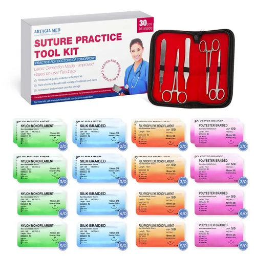 Vista 11 de Kit de práctica de sutura para estudiantes de medicina Incluye almohadilla de silicona grande, hilos de sutura, kit de herramientas, tablero
