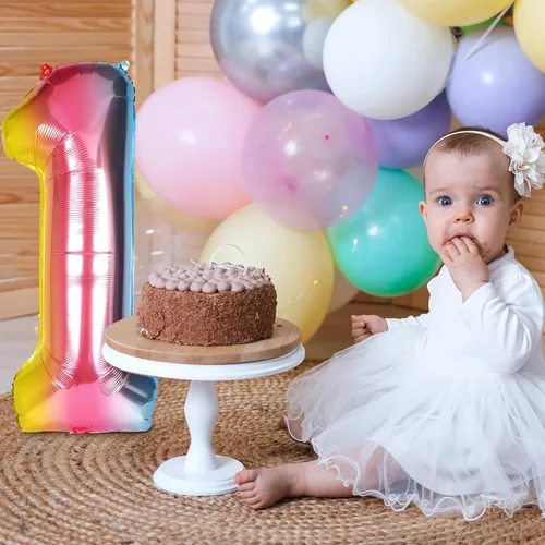 Vista 5 de RUBFAC Globos con números de 40 pulgadas, globo grande de arcoíris con degradado número 1, globos de helio de aluminio de Mylar de 0 a 9 dígitos