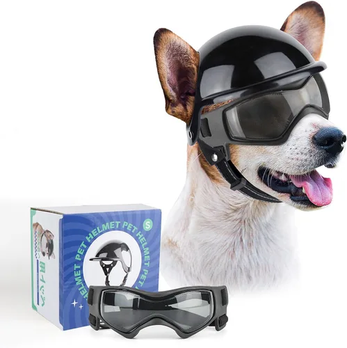 Gafas de sol para perros pequeños con casco, 2 lentes de sol para perros y equipo de casco de motocicleta para mascotas, raza pequeña y mediana para