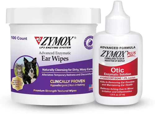 Zymox Enzymatic - Toallitas para oídos y solución avanzada Otic Plus para oídos para perros y gatos, paquete de producto, para orejas sucias,