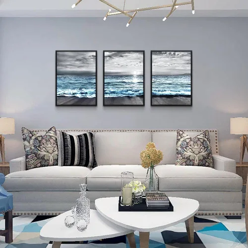 Vista 3 de Arte en lienzo enmarcado en negro para decoración de sala de estar y dormitorio - Pintura de pared de playa en blanco y negro - Imágenes de olas