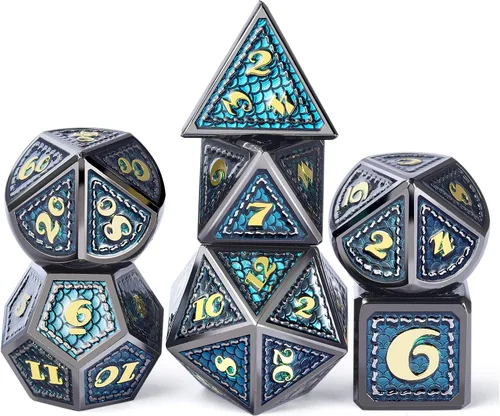 Vista 10 de DNDND - Juego de dados de rayas metálicas D&D, con estuche de regalo para Dungeons and Dragons DND (chapado en níquel con rayas azules)