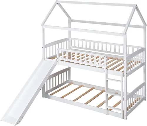 Vista 4 de Harper & Bright Designs Literas de casa para niños con tobogán, marco de litera de madera individual sobre cama individual con escalera Blanco
