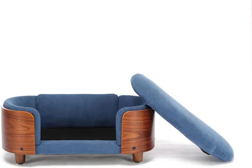 Vista 8 de Cama elevada para perros de estilo escandinavo con marco de madera maciza, sofá ortopédico para mascotas con funda extraíble lavable, muebles