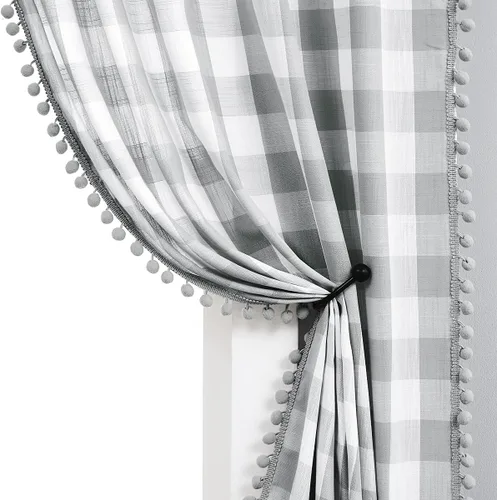 Vista 10 de Treatmentex Cortinas a cuadros blancos y negros de 45 pulgadas, con pompones, semitransparentes, para sala de estar, dormitorio, cortinas rústicas