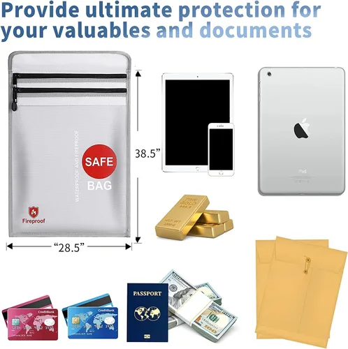 Vista 2 de Bolsas impermeables ignífugas, dos bolsillos, bolsa de documentos ignífuga (2000 ℉) con cierre de cremallera, bolsa de dinero segura, adecuada