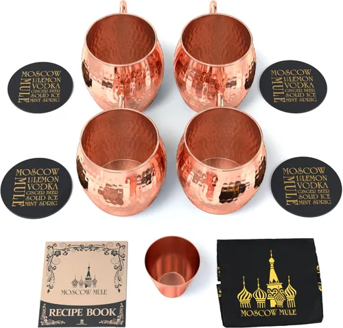 Vista 6 de Juego de 4 tazas de cobre martilladas Moscow Mule 100% cobre sólido 16 onzas