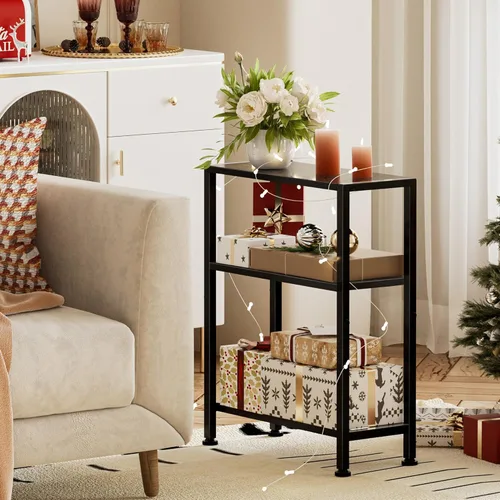 Vista 2 de Mesa auxiliar estrecha para espacios pequeños, mesa auxiliar pequeña de 2 niveles con soporte para estantes, mesita de noche delgada, mesa de sofá