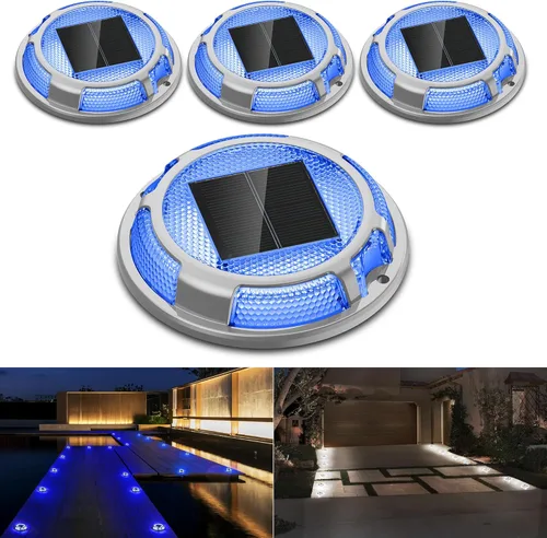 Luces Solares para Entrada de Vehículos Luces de Muelle Impermeables Paquete de 4, 2 Colores en 1, Luces LED Solares de Cubierta para Exteriores,
