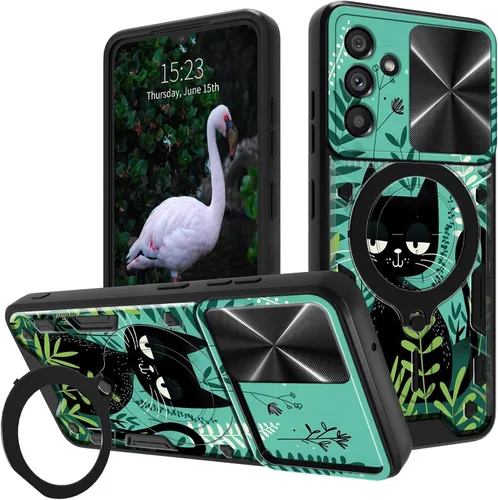for Samsung Galaxy A35 5G Phone Case 6.6" with Slide Camera Cover & 360 Degree Rotate Ring Stand Kickstand A Black Cat Dual Layer Hybrid Heavy Duty