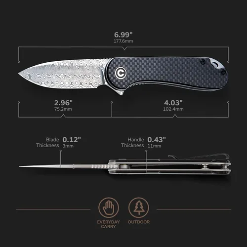 Vista 3 de CIVIVI Elementum - Cuchillo de bolsillo Damascus, cuchillo plegable ligero con hoja de 2.96 pulgadas, mango negro G10 con revestimiento de fibra