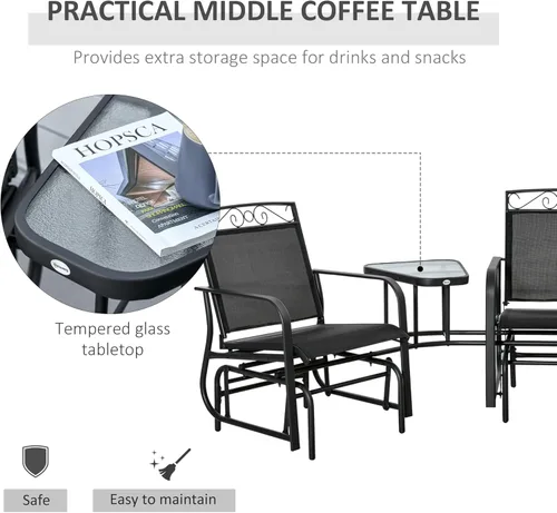 Vista 3 de Outsunny Sillas mecedoras para exterior con mesa de café, columpio de 2 plazas para patio, con funda transpirable para el jardín, porche y patio